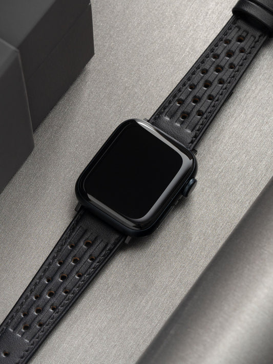 Apple Watch Band - Black Leather - Racing Speedy