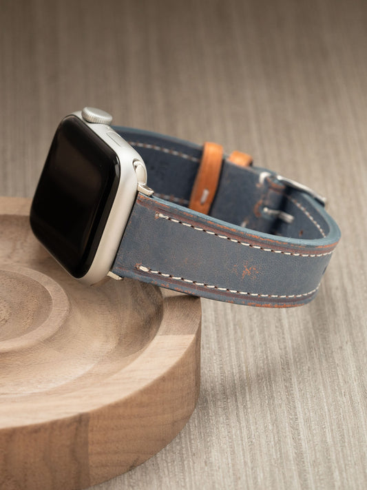 Luxury Apple Watch Band - Blue Leather - Retro Denim