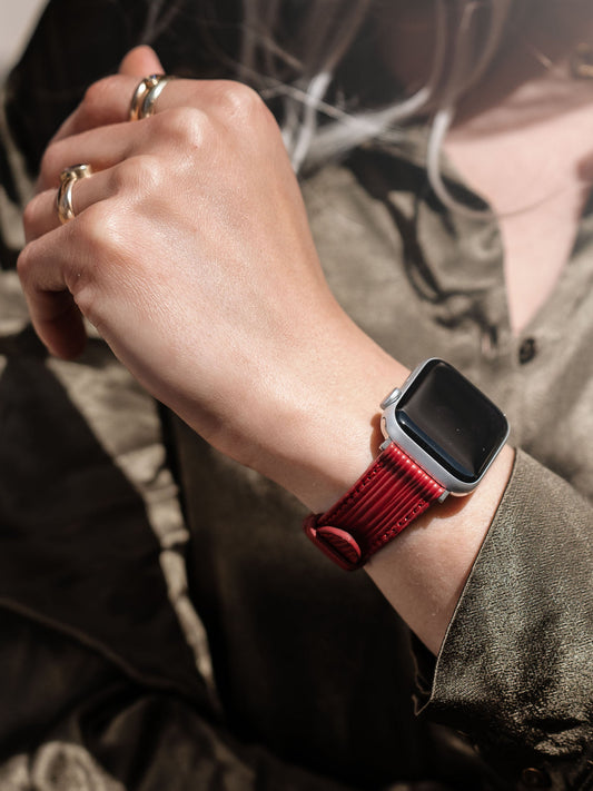 Luxury Apple Watch Band - Red Leather - Boarded Cherry